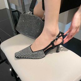 2022 Sandals New Women Female Square Toe Shallow Fashion Rhinestones Thin High Heels Shoes Ladies Solid Buckle Strap Pu d101