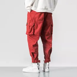 Men's Pants Men Multi-pocket Elastic Waist Design Harem Pant Street Punk Hip Hop Red Casual Trousers Joggers Male Cargo