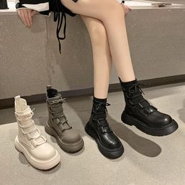 Boots Women 2022 Round Toe Lace Up Shoes Flat Heel Luxury Designer Rubber Lolita Ladies Fashion Mid Calf Med Autumn Cotton F