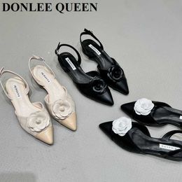 Flat Toe Fashion Pointed Women Slingback Sandals Elegant Mules Brand Black/White Flowers Female Ballet Shoes Zapatos Muj 87d6