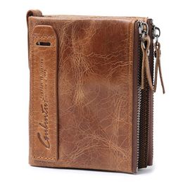 Crazy horse head layer Leather Double Zip Wallet wallet men's Leather Coin Purse175A