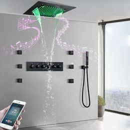 20 Inch LED Music Ceiling Shower Head Rainfall Waterfall Mist Thermostatic Brass Body Bathroom Shower Faucet Set
