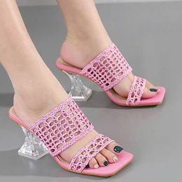 Heels High Big Size Square Toe Weave Women Pumps Shoes Slippers Female Slides Casual Outside Summer 2022 New Sandals T22 a7e8