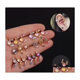 Dangle Chandelier Colorf Zircon Ear Studs Earrings Cz Cartilage Rose Gold Stud Helix Earring With Ball Back Body Piercing Jewellery Dh0Hb