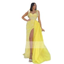 Superbes paillettes sirène robes de bal côté fendu robe de sangle spaghetti pour des occasions spéciales tulle détachable train robe de novia