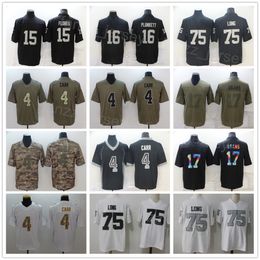 Men Football 75 Howie Long Jerseys 17 Davante Adams 4 Derek Carr 15 Flores 16 Jim Plunkett All Stitched Black White Camo Army Green Olive Salute To Service Color Rush