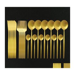 Dinnerware Sets 24Pcs Matte Gold Tableware Set Stainless Steel Cutlery Home Knife Fork Spoon Flatware Dishwasher Safe Drop Delivery Dh31F