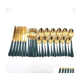 Dinnerware Sets Green Gold Tableware Cutlery Set 24Pcs Stainless Steel Box Forks Knives Spoons Dinner Kitchen Spoon Holiday Gift Dro Dhs5W