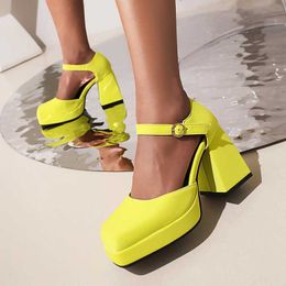 Leather Ankle Genuine Women Strap Square Toe Sandals Platform Thick Super High Heels Buckle Ladies Shoes Summer Black 20 87a0