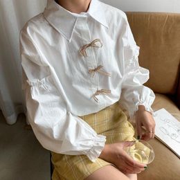 Women's Blouses Autumn Winter Women Blusas Japanese Office Lady Sweet Solid Puff Sleeve Bowknot Drawstring Shirts