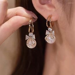 Stud Earrings Fashion Trend Crystal Zircon Bow Pendant Women Party Girl Imitation Pearl Dangle Luxury Jewelry Gift