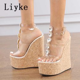 Sandals Liyke Size 35-42 White Transparent Sandals For Women Summer Fashion Open Toe Buckle Strap Platform Wedge Heels Rhinestone Shoes T221209