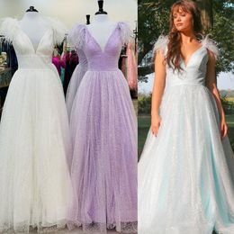 Sequin Feather Prom Dress 2023 A-Line Deep V-Neck Winter Formal Evening Wedding Party Gown Pageant Gala Runway Red Carpet Ice-Blue Lilac White Backless Candy Colour Slit