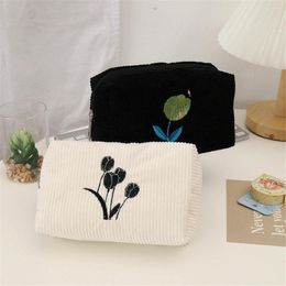 Cosmetic Bags Ins Flower Tulip Pattern Corduroy Makeup Women Travel Toiletries Storage Bag Portable Zipper Make Up Wash Pouch