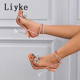 New Liyke Arrival 2022 Fashion Crystal Butterfly-Knot Women Wedding Sandals Summer Open Toe Buckle Strap Transparent Hee 1629
