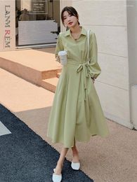 Casual Dresses LANMREM Drawstring Blet Waist Dress For Women Lapel Long Sleeves Green Colour Female Elegant Clothing 2023 Spring 2R9726
