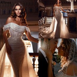 Glittering Sequined Dubai Arabic Mermaid Wedding Dresses With Detachable Train Off The Shoulder Pleats Modern Bridal Gowns Sexy Plus Size Vestidos De Novia CL1472