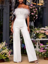 Women's Two Piece Pants Women Sequined Feather-paneled Jumpsuit Sexy Backless Elegant Sleeveless Top Flared Trousers Set 2022 Spring Street