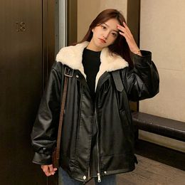 QNPQYX Street Women's PU Leather Motorcycle Jacket Fashion Winter Warm Plush Thick Outerwear Korean Zipper Fur Collar Coat Woman