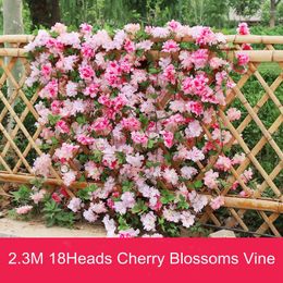 Decorative Flowers 2.3M 18Heads Artificial Cherry Blossoms Vine DIY Wedding Arches Garland Fake Home Garden Fence Decor Rattan