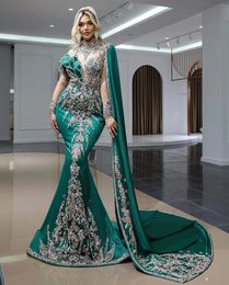 Luxury Beadings Pearls Mermaid Evening Dress Long Sleeve High Neck Crystal Formal Arabic Prom Dresses With Cape Plus Size