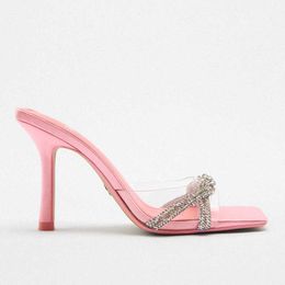Woman 2022 Pink TARF High-heeled Clear Rhinestone Butterfly Sandals Women transparent heeled sandals Slingback Sandal T2 50cd