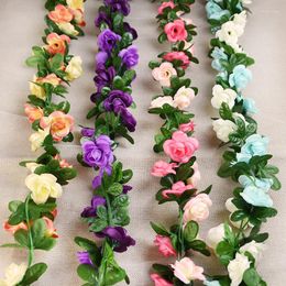 Decorative Flowers 2.4m Artificial Silk Roses Rattan String Vine With Green Leaves For Wedding Home Garden Decor Hanging Garland