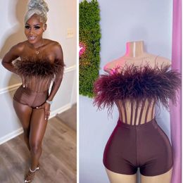 Fashion Jumpsuit Sexy Cocktail Dresses For Black Girl Feathers Strapless Slim American Style Robe De Bal