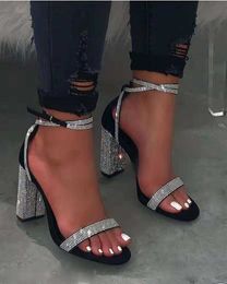 Sandals Comemore High-heeled Women's Party Shoes Rhinestone Chunky Heels High-heeled Ankle Strap Sandals for Women Luxury Size 43 Black T230208