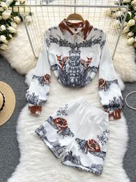 Women's Tracksuits Women White Print Shirt Female Temperament High Waist Shorts Two-piece Set Arrivals Fashion Summer 2022