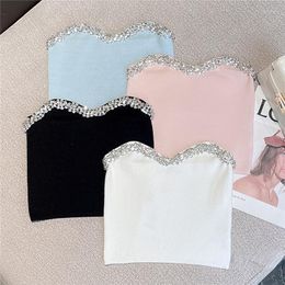 Women's Tanks Summer 2022 Sexy Knitting Tank For Women Handmade Rhinestone Edging Candy Colour Black White Tube Top Slim Fit