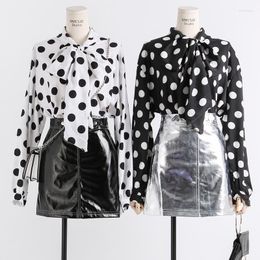 Women's Blouses 2022 Women Vintage Chiffon Black White Polka Dot Bow Tie UP Shirt Lady OL Loose Puff Full Sleeve Blouse Top Blusa Work Wear