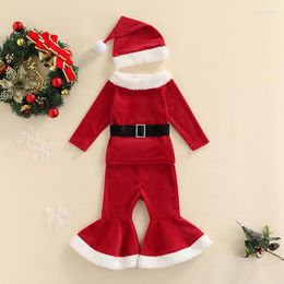 Clothing Sets Toddler Girls Christmas Velvet Costume Long Sleeve Plush Decoration Belted Off-The-Shoulder Top Flared Pants Santa Hat Set