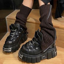 Women Socks Gothic Punk Ribbed Knitted Harajuku Side Zipper Up Solid Colour Boot Student Knee Sleeve Foot Cover