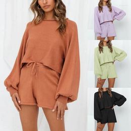 Women's Tracksuits Women's Clothing Amazon 2022 Autumn And Winter Lantern Sleeve Sweater Shorts Solid Colour Homewear Suit