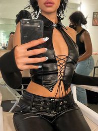 Women's Tanks Vintage Bandage Cut Out Front Women Sexy Halter Tops Gothic Grunge Faux Pu Leather Black Crop Top Backless Party Outfit Summer