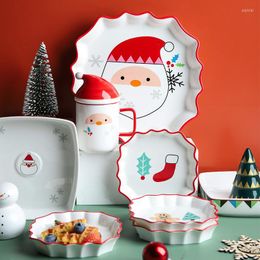 Plates 2022 Merry Christmas Ceramic Tableware Set Reindeer Plate Santa Cereal Bowl Cartoon Anime Large