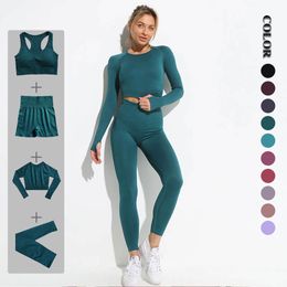 Ladies Yoga Outfits Women Yoga Set Seamless Running Leggings Sports Bra Long Sleeve Crop Top Female Sportswear Girl Exercise Clothes Comfortable Workout Clothing