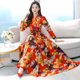 Casual Dresses Spring Women Bodycon Party Runway Vestidos Red Floral Print Chiffon Boho Beach Maxi Dress 2022 Vintage Long Elegant