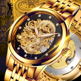 Sports Watches Dragon Skeleton Automatic Mechanical Watches For Men Wrist Watch Stainless Steel Strap Gold Clock 50m Waterproof Me270S