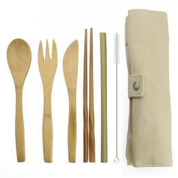 Dinnerware Sets 7-Piece Japanese Wooden Flatware Cutlery Set Bamboo Straw With Cloth Bag Utensil Knives Forks Spoons Drop