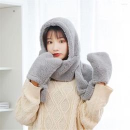 Berets Fashion Warm Pure Colour Faux Fur Plush Hat Scarf Gloves Set Women Caps Beanies