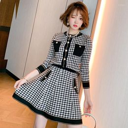 Work Dresses Two Piece Outfits For Women Black And White Plaid Suit With Pearl Buttons Pockets Knitted Cardigan A-line Skirt