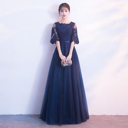 Ethnic Clothing Navy Blue Lace Oriental Style Banquet Dresses Chinese Vintage Wedding Cheongsam Elegant Long Evening Party GownsSize XS -