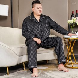 Men's Sleepwear 3XL-5XL Large Size Black Plaid Silk Pajamas Satin Man Autumn 2 Piece Set Long Sleeve Shirt And Pants Outfits Men Pjs