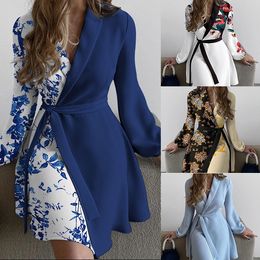 Casual Dresses Dress Women Fashion Temperament Printed Long-sleeve Waist Lace Ladies Elegant Vestidos For Women Clothes Clothing