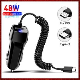 48W USB Fast Car Charger Stretch Cable Adapter For IPhone13 12 11 14 Pro Max Samsung Galaxy Note20 Android Type-c car Charge Charging Automotive Electronics Free ship