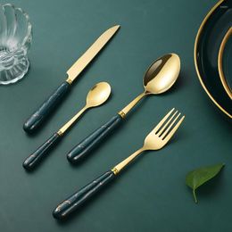 Dinnerware Sets Golden Household Ceramic Handle Cutlery Set 1Pcs Flatware Stainless Steel Forks Knives Spoons Travel Tableware High-End