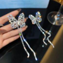 Tassel Butterfly Earrings For Women Shiny Rhinestone Big Bowknot Creative Jewellery Temperament Party Girl Accessories Gifts