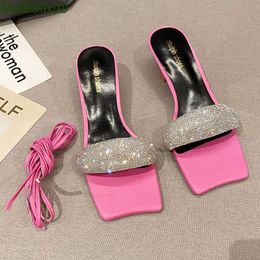 For Women Sandals Ladies 2022 Fashion Rhinestones Cross-Tied Party High Heels Square Toe Slides Woman Pumps Female Shoes 7735